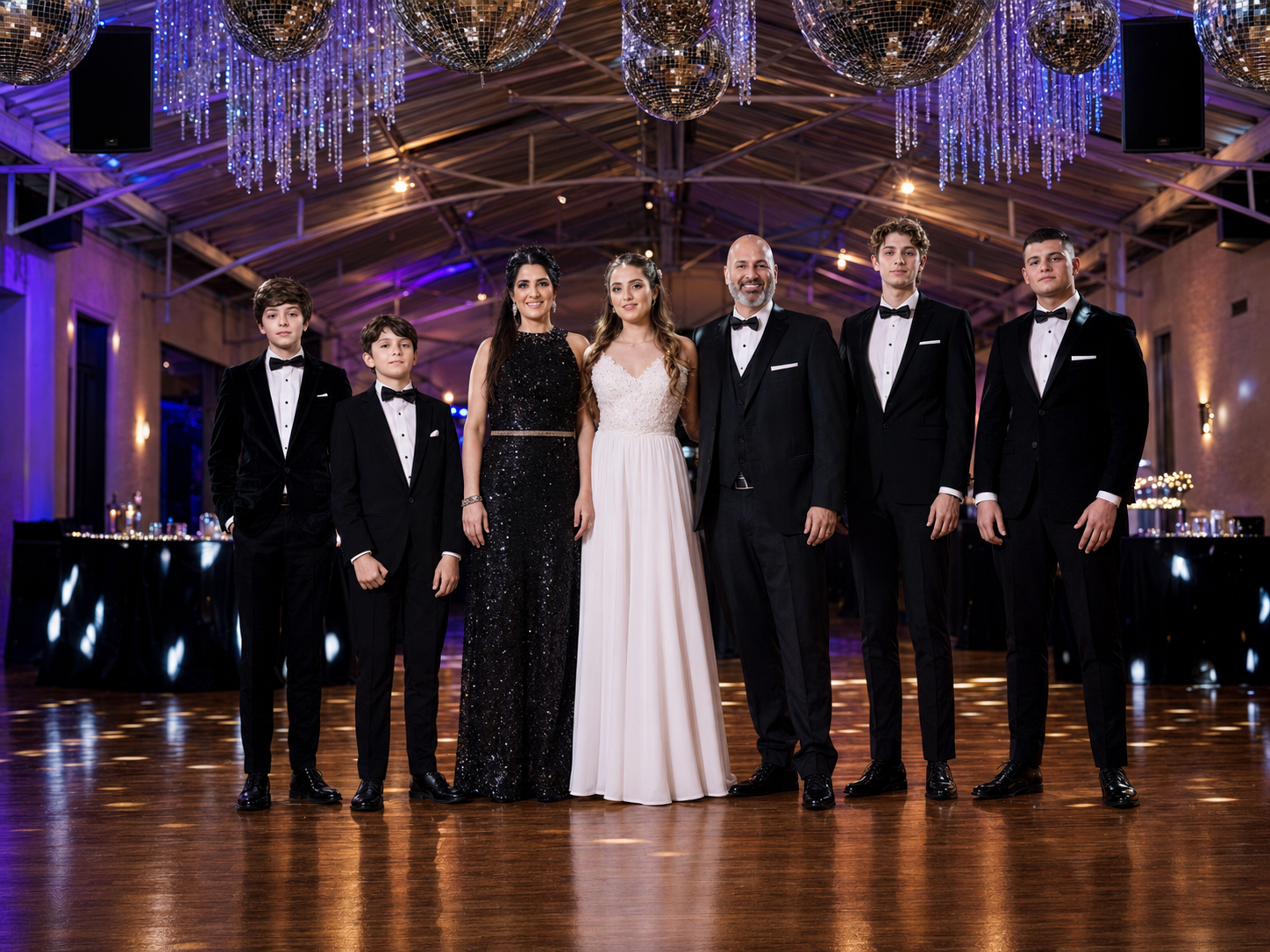 Familia vestida de gala durante una fiesta de quince años