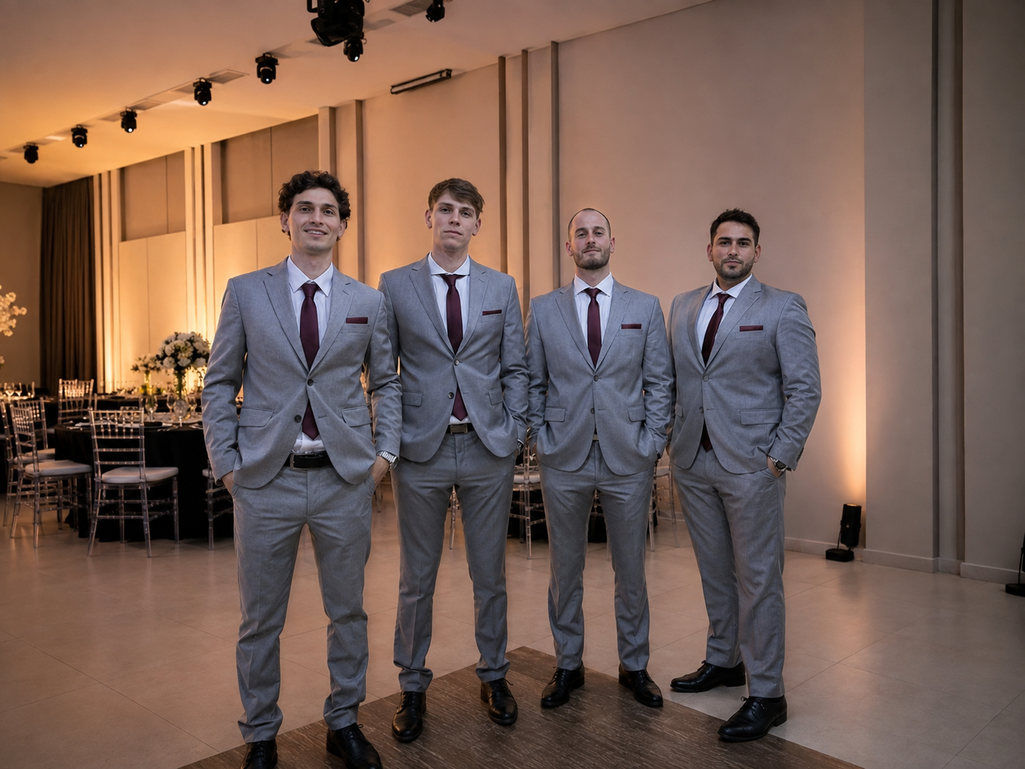 Grupo de invitados con trajes grises en una celebración
