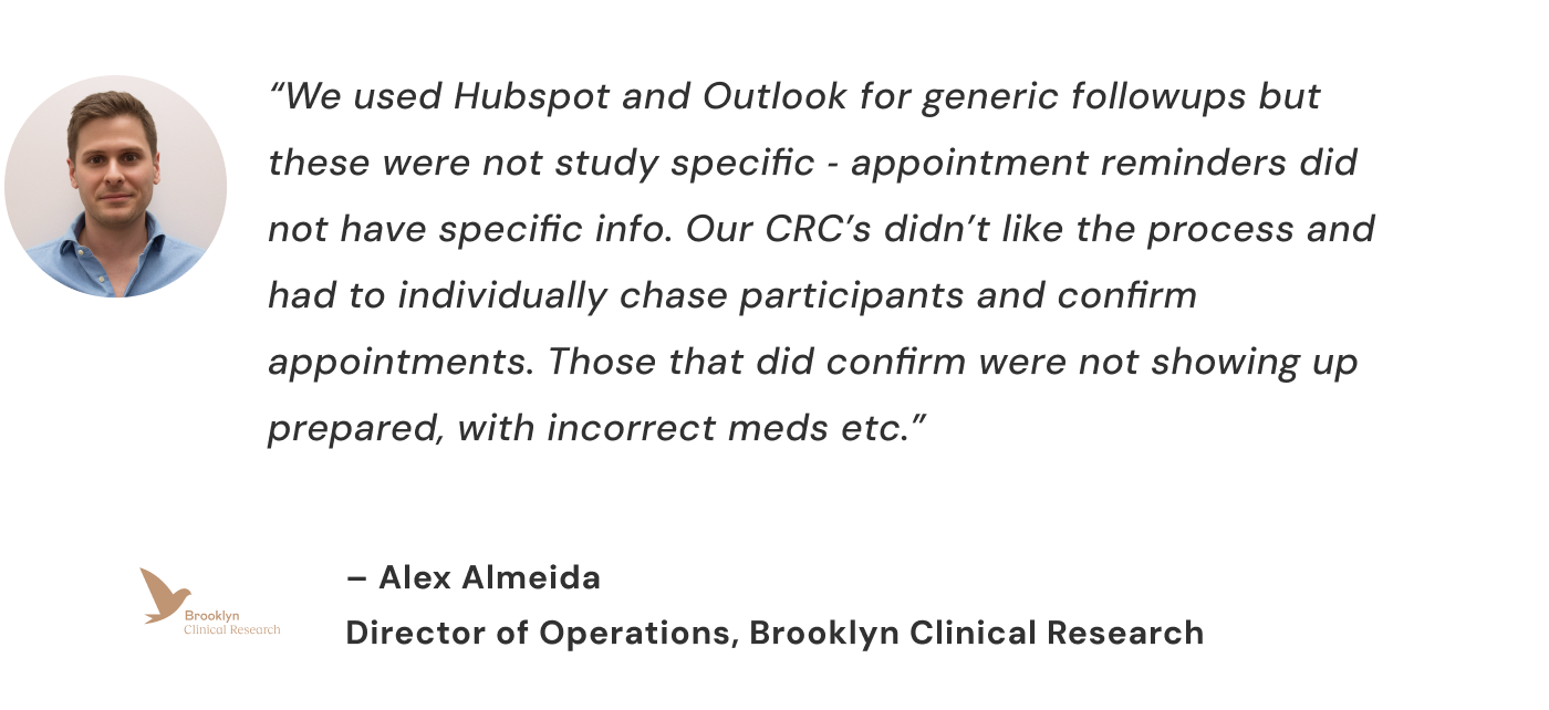 Quote from Alex Almeida: “We used Hubspot and Outlook for generic followups but these were not study specific ‑ appointment reminders did not have specific info. Our CRC’s didn’t like the process and had to individually chase participants and confirm appointments. Those that did confirm were not showing up prepared, with incorrect meds etc.”