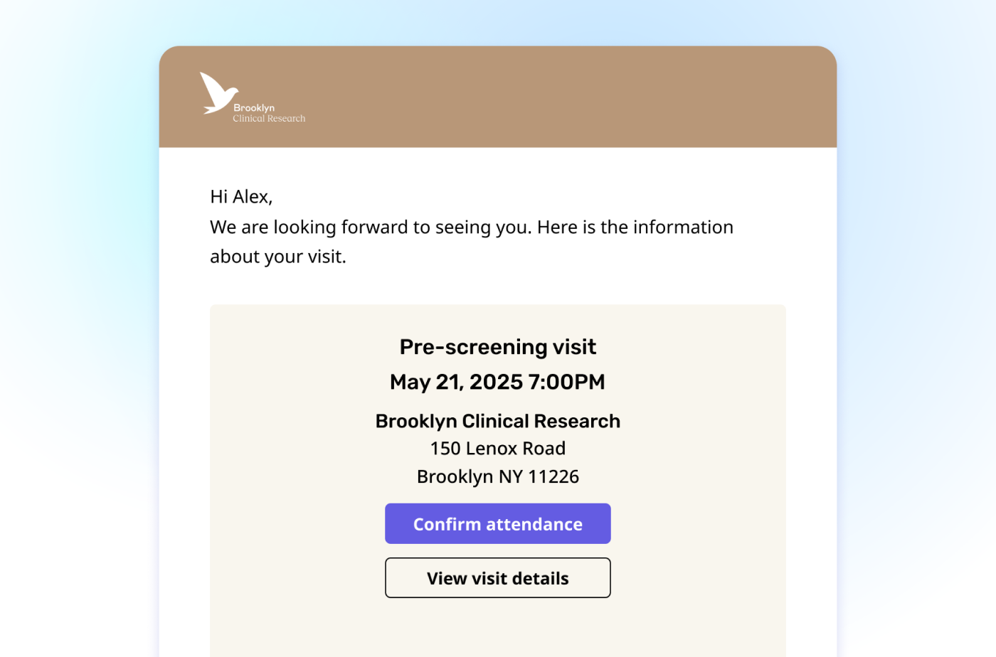 Image of Brooklyn Clinical Research visit reminder emailing