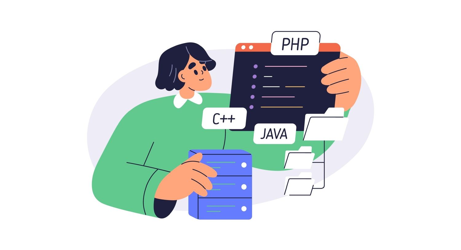 Illustration of young web developer managing multiple technology types in an enterprise SEO project.