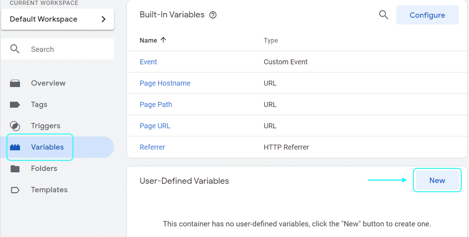 Screenshot of variables on Google Tag Manager homepage.