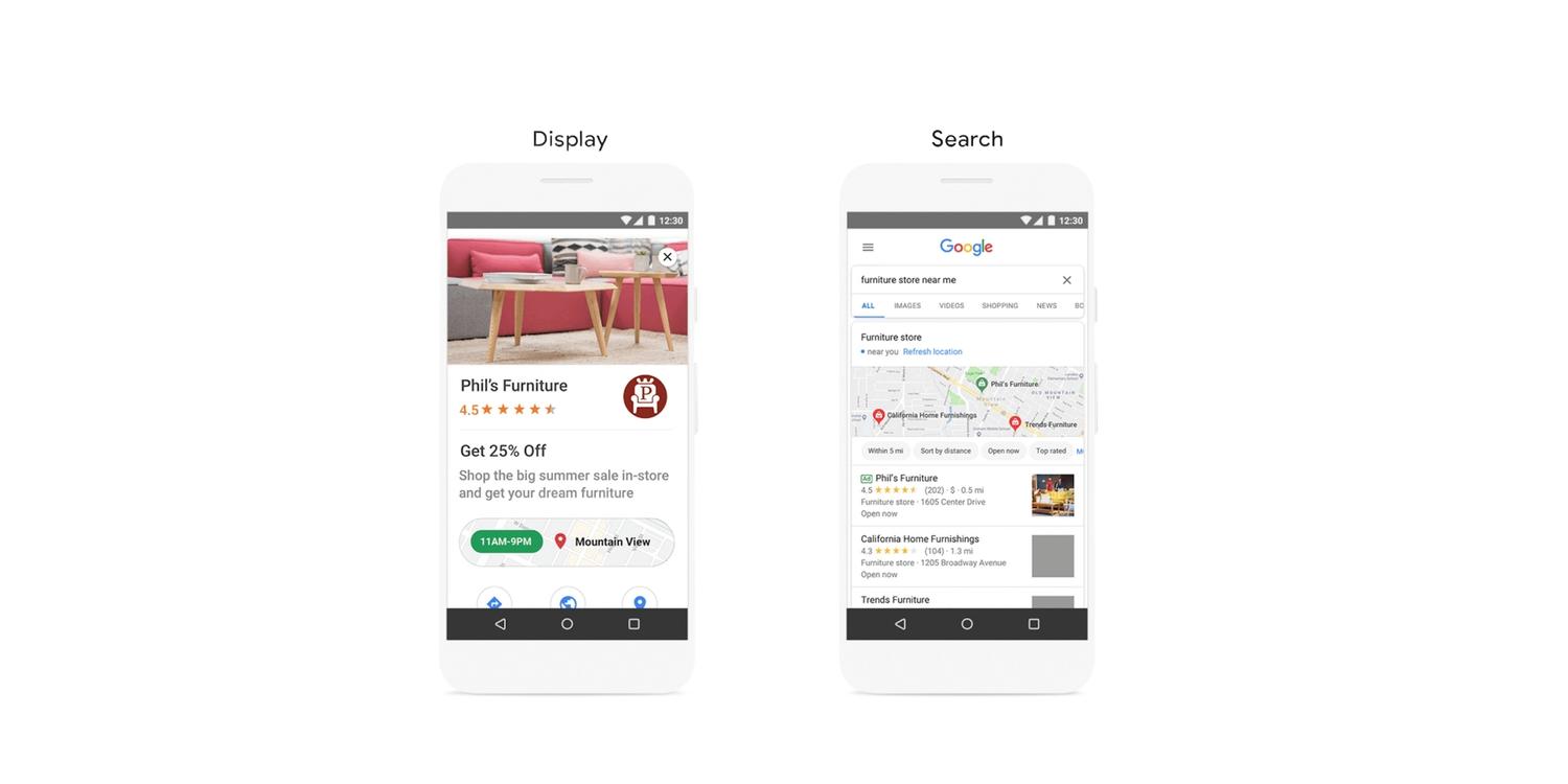 Two phones with example of a search vs display google ads campaign