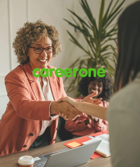 Careerone logo over smiling recruiter woman shaking hands.