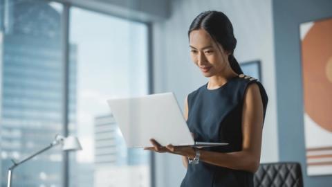 Successful Businesswoman in Stylish Dress Tracking Enterprise SEO ROI on Laptop.