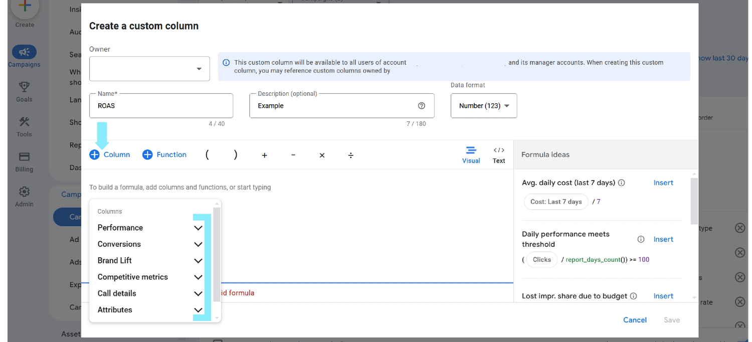 Screenshot of Google Ads dashboard displaying step 3 of how to set up custom metrics in Google Ads.