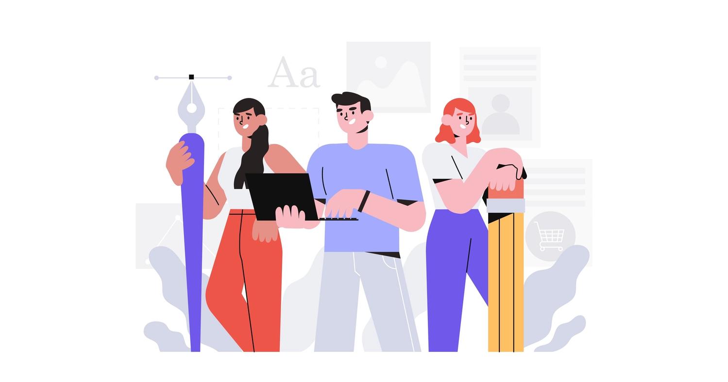 Animation of three writers with content tools