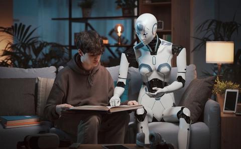 AI robot tutor helping a student with homework, they are sitting on the couch at home and reading a book