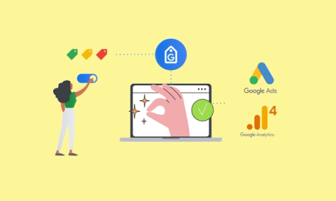 Illustration of woman setting up tags in Google Tag Manager