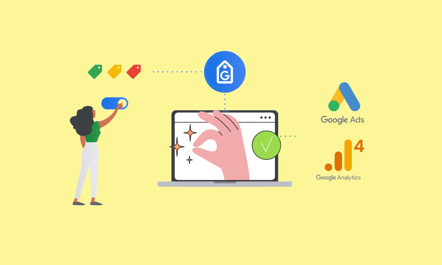 Illustration of woman setting up tags in Google Tag Manager