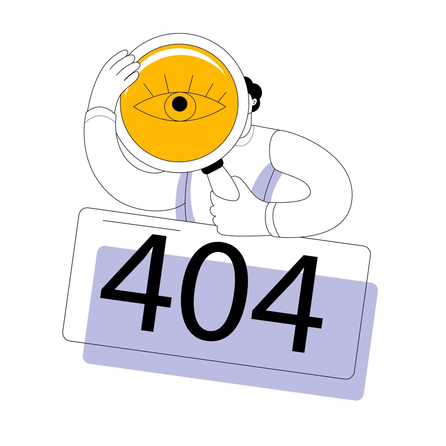 Man with magnifying glass and 404 error from broken links.