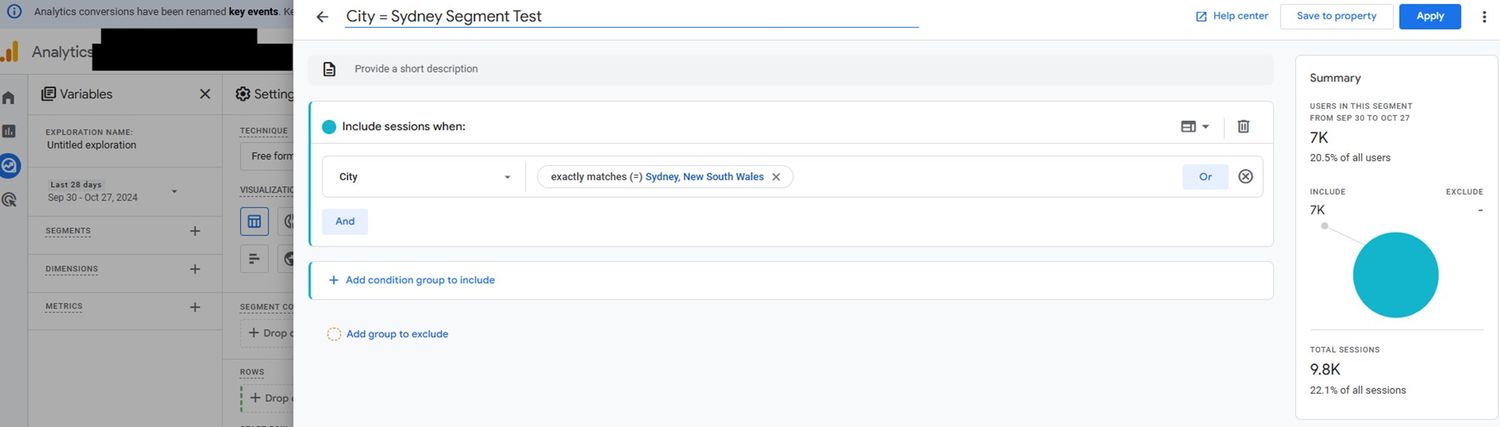 Screenshot of Saved Segments for Shared Insights in Google Analytics 4 (GA4)