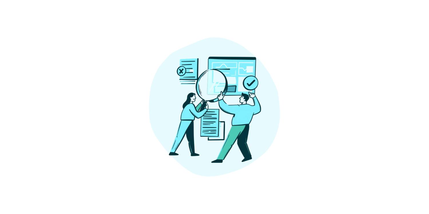 Illustration of woman and man with magnifying glass surrounded by tabs of AI content