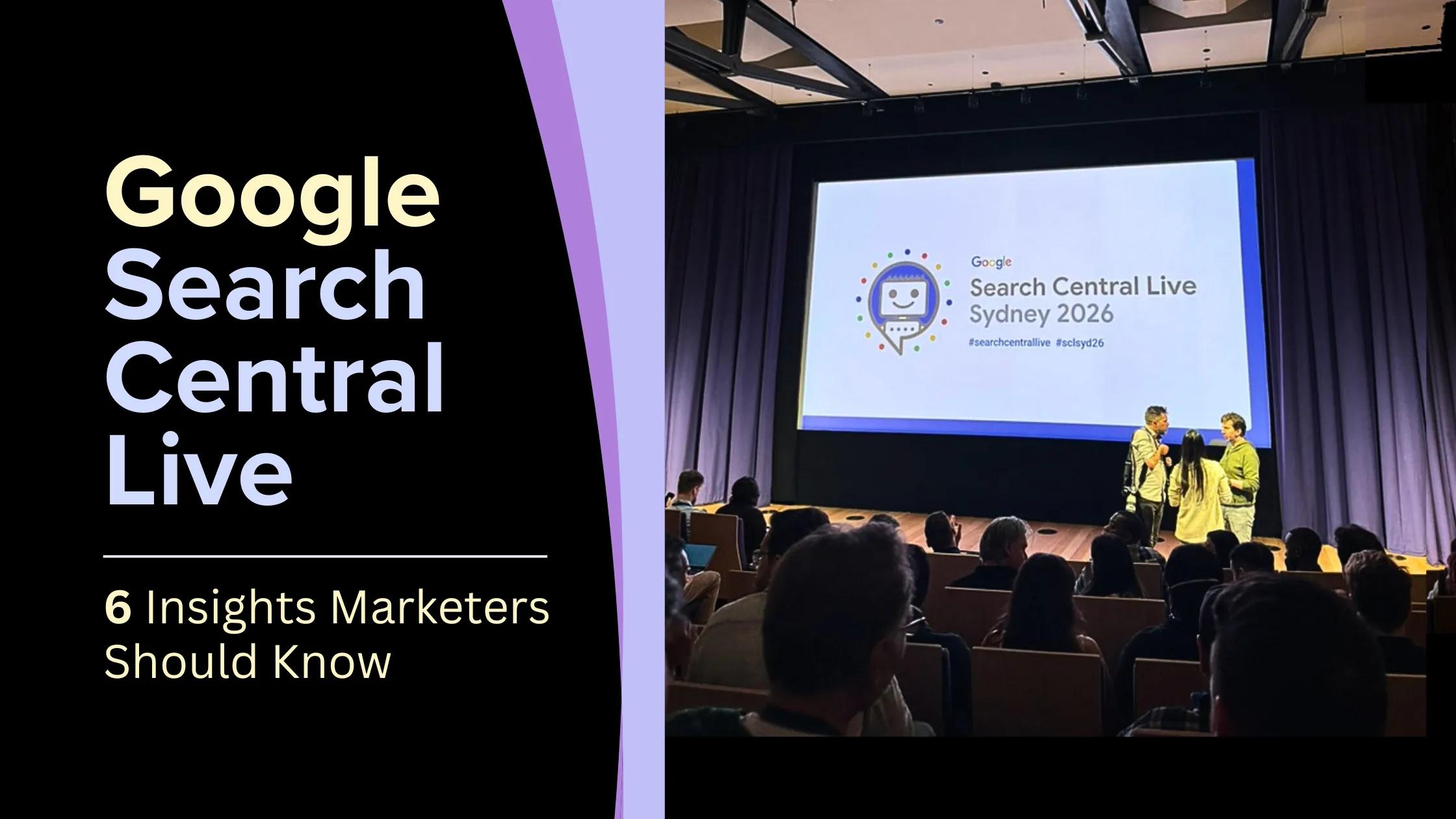 Photo of stage, speaker and screen at Google's Search Central Live event in Sydney.