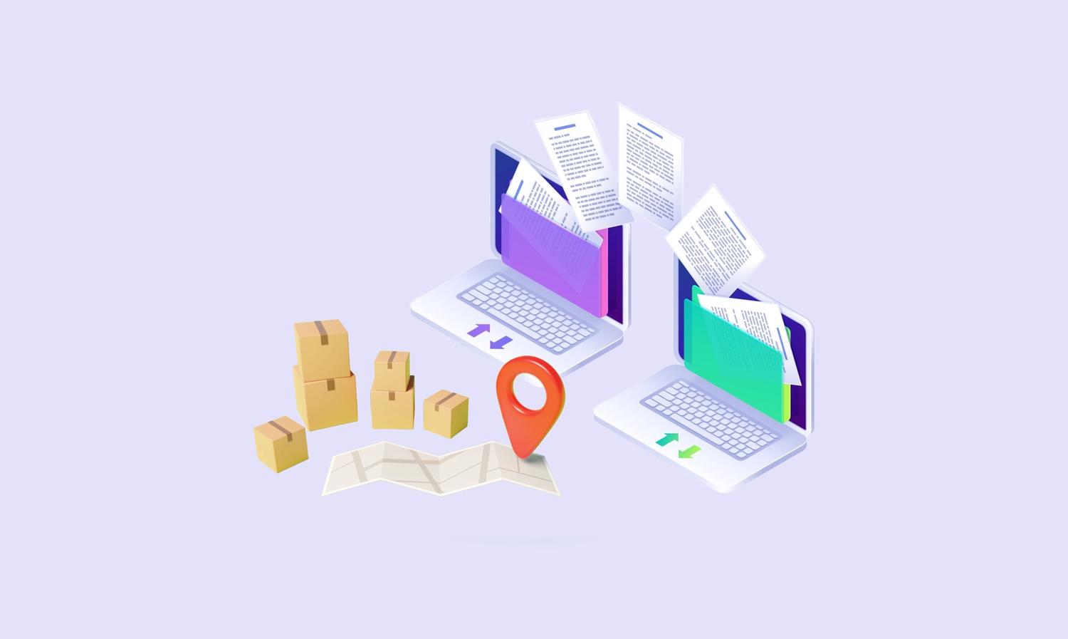 Website migration between two laptops with moving boxes.