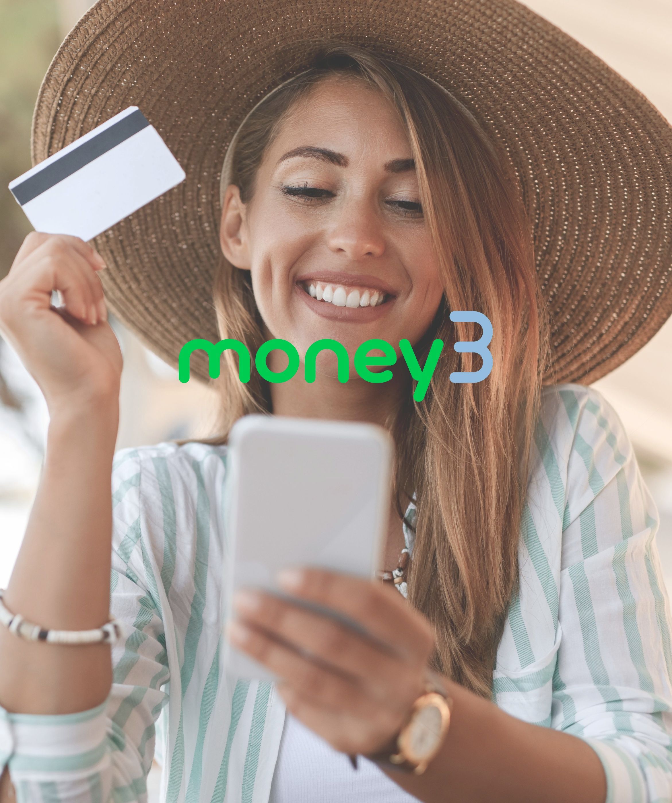 Money3 logo over woman in hat smiling with credit card.