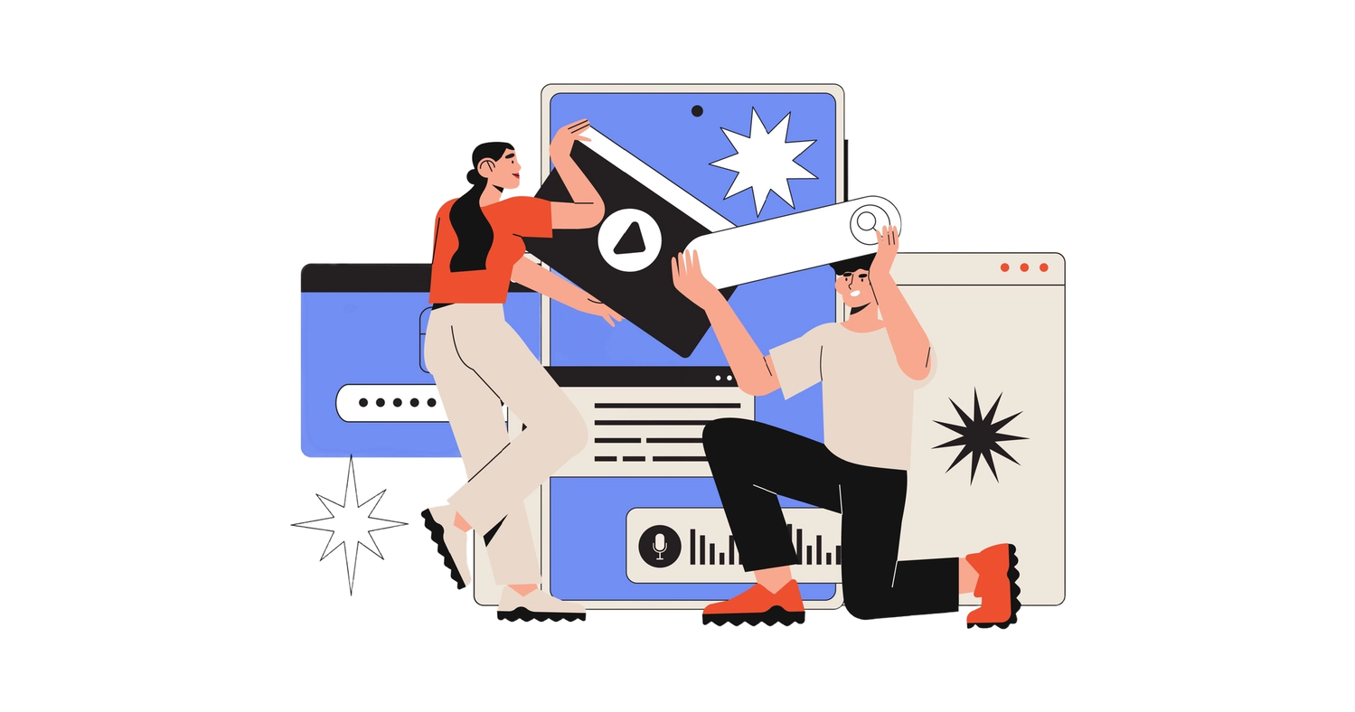 Animation of two web designers creating a web page