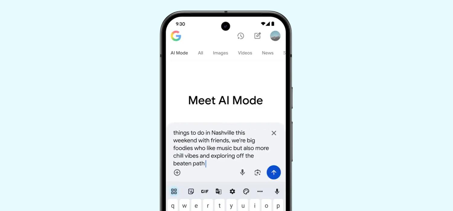 Phone displaying example of AI Mode conversation