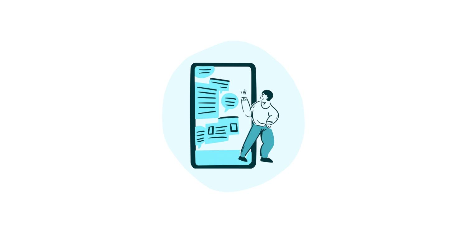 Illustration of man looking at phone filled with AI speech bubbles