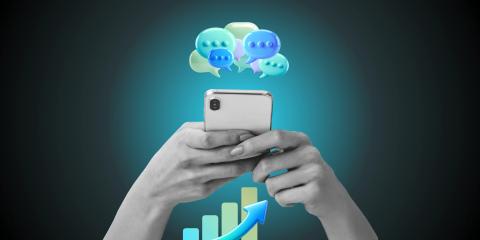 Collage hands holding phone surrounded by AI chatbot bubbles.