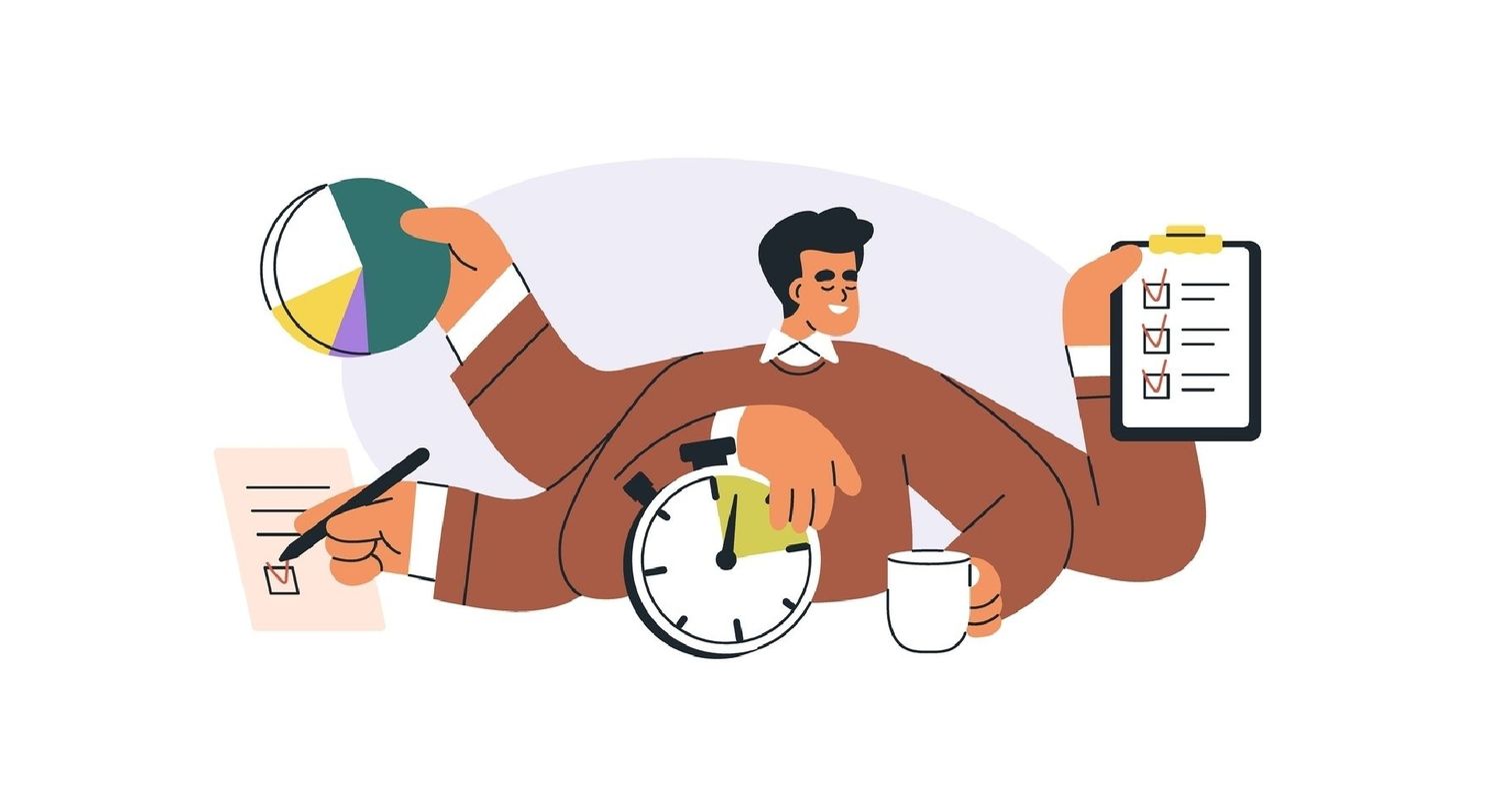 Illustration of man with five arms managing time for an enterprise SEO project.