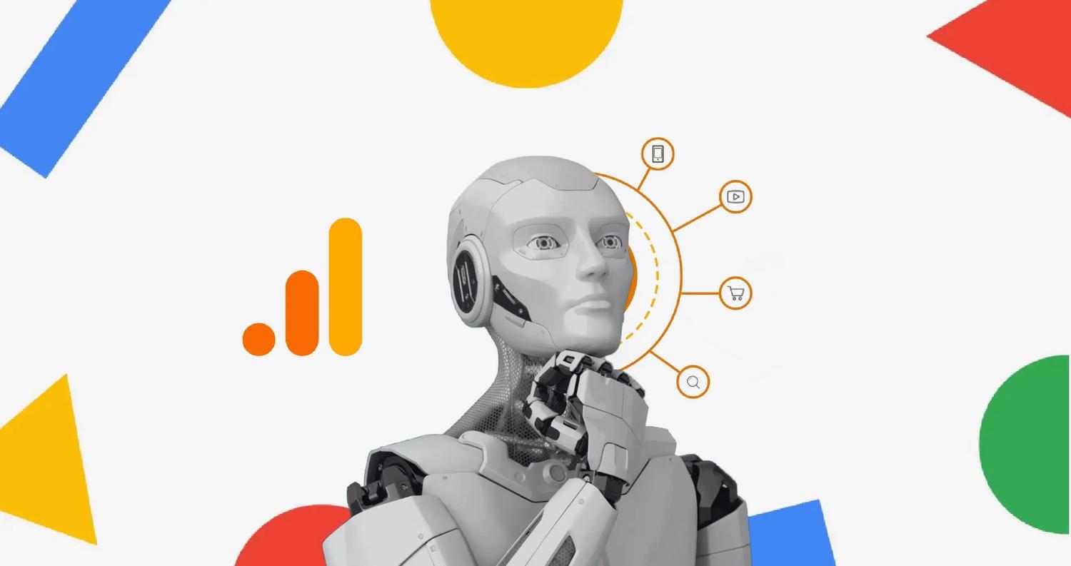 Realistic robot pondering how to steal traffic with GA4 logo