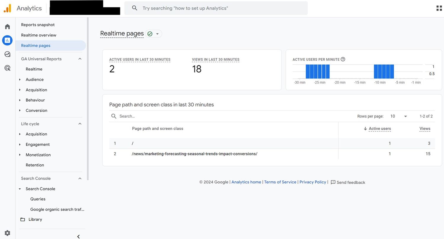 Screenshot of Realtime Pages Report in Google Analytics 4 (GA4)