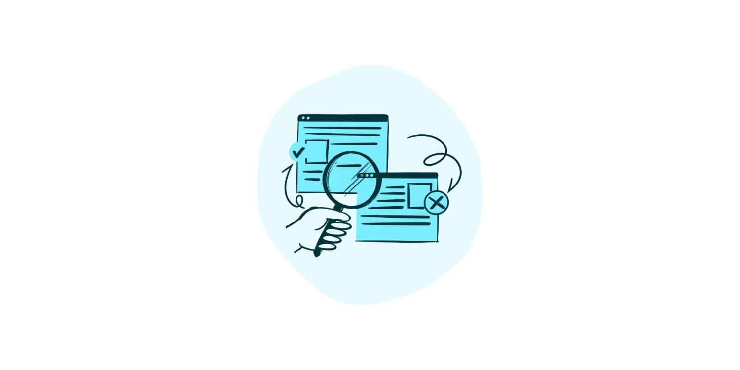 Illustration of magnifying glass comparing two tabs of AI content