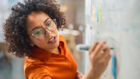 Young businesswoman thinking drawing an enterprise content marketing strategy on a whiteboard.