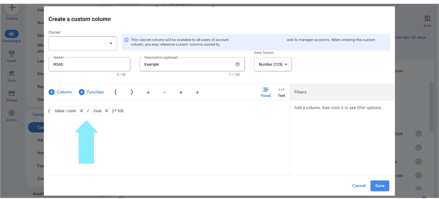 Screenshot of Google Ads dashboard displaying step 4 of how to set up custom metrics in Google Ads.