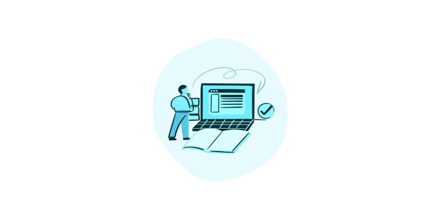 Illustration of man looking at SEO schema on laptop