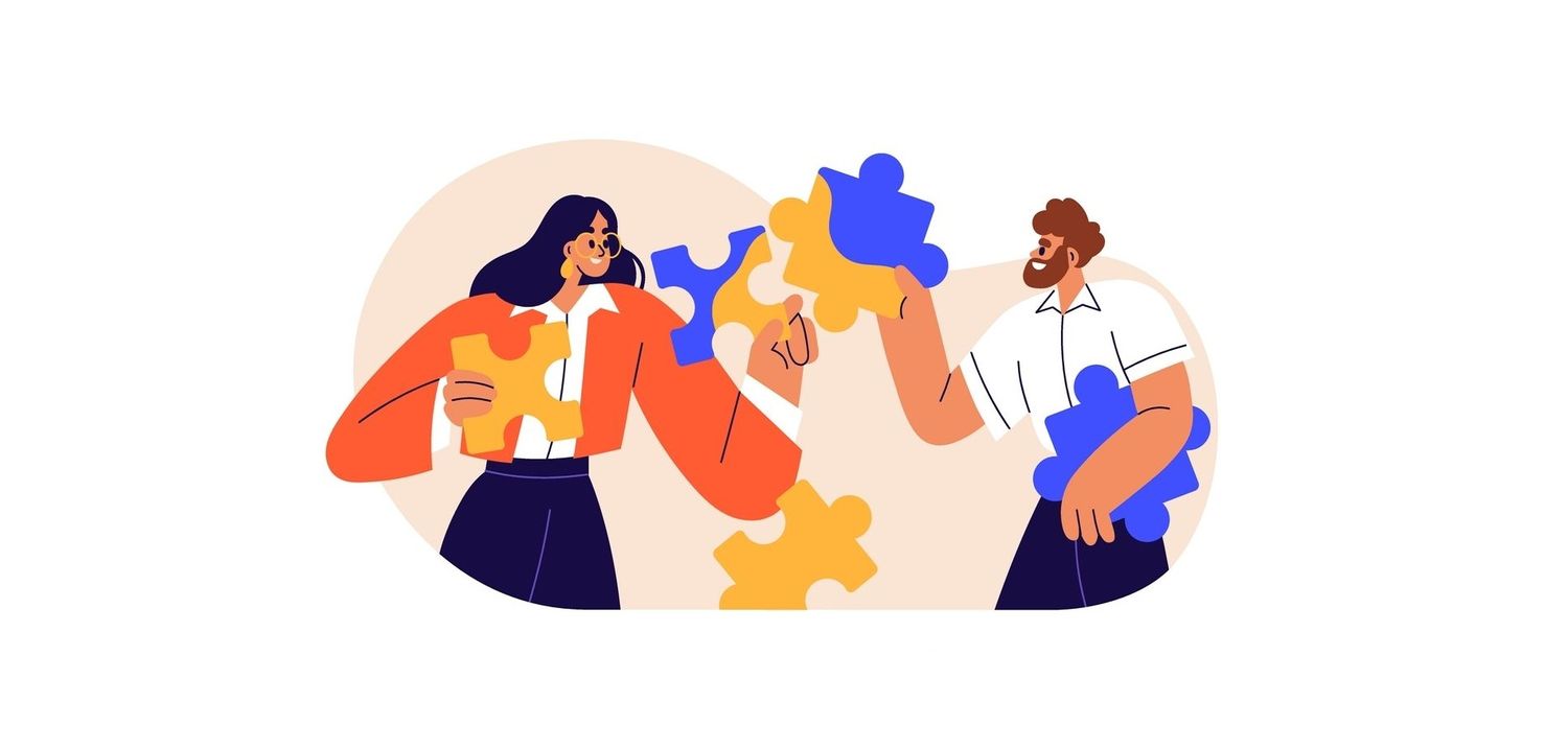 Illustration of male and female co-workers joining puzzle pieces to collaborate on enterprise SEO project.