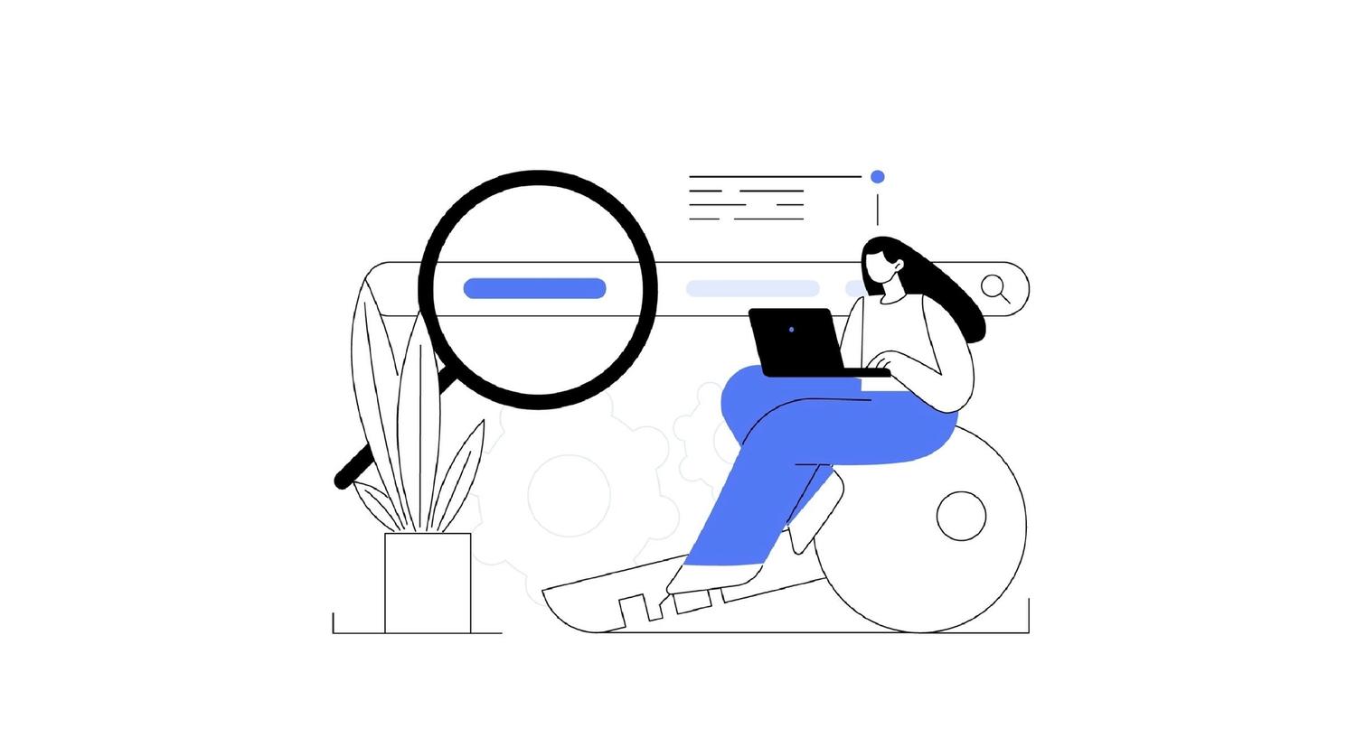 Woman sitting on giant key and performing keyword research for enterprise seo optimisation.