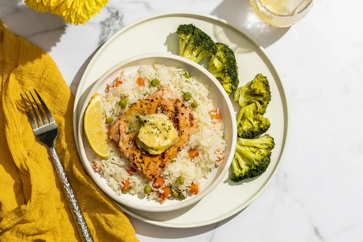 Garlic Butter Salmon with Spanish Rice