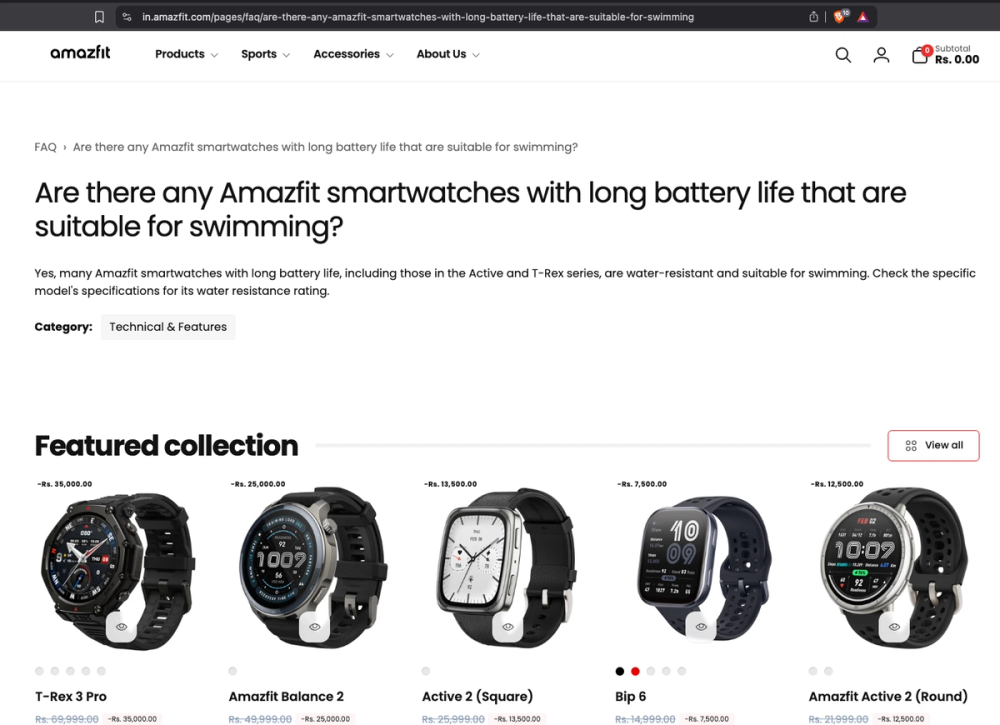 Uttik Powered FAQ Support Page with Knowledge Fetched from product Pages