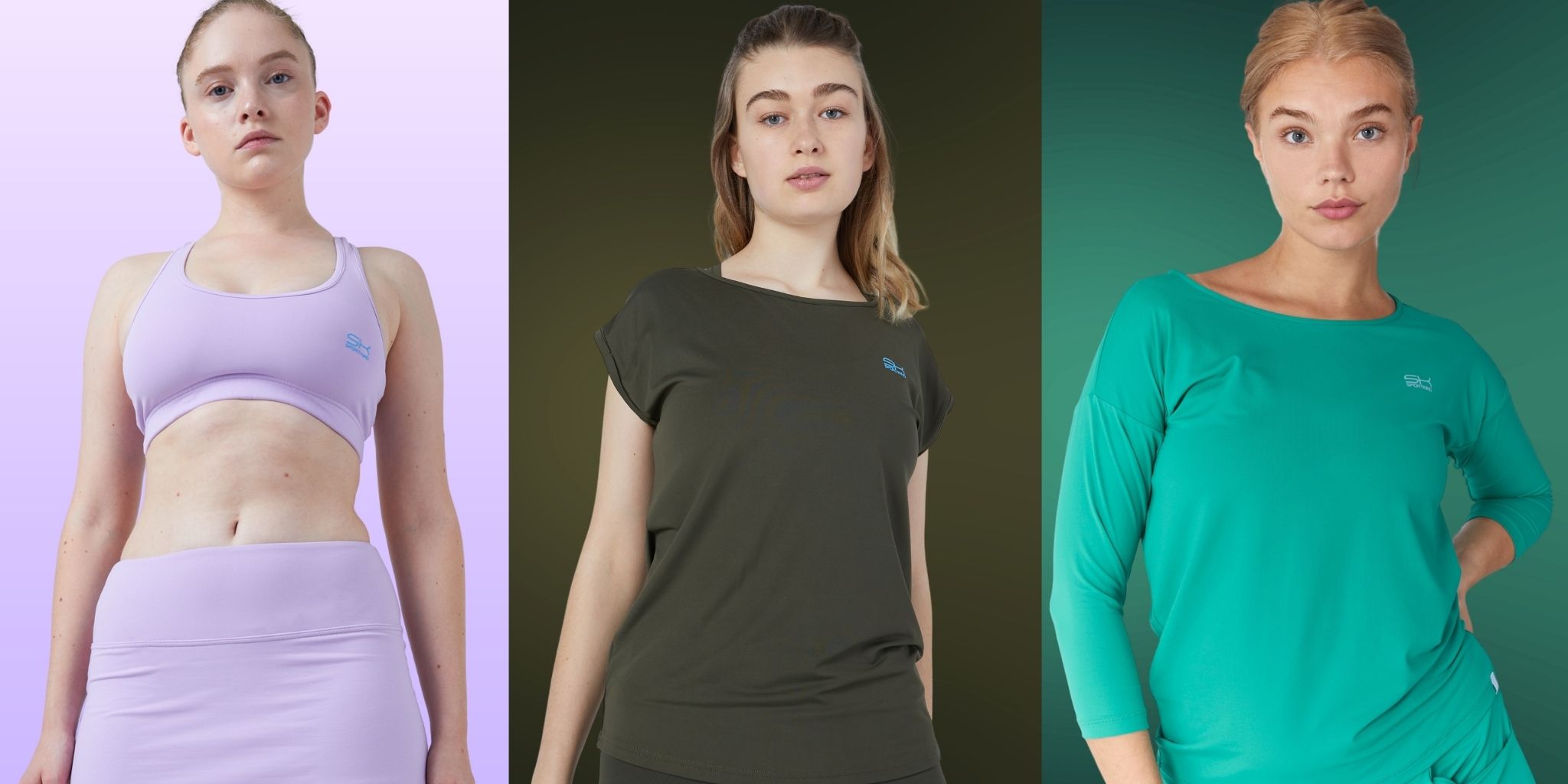 3 women in the current SPORTKIND sale colours: lilac, khaki and emerald green