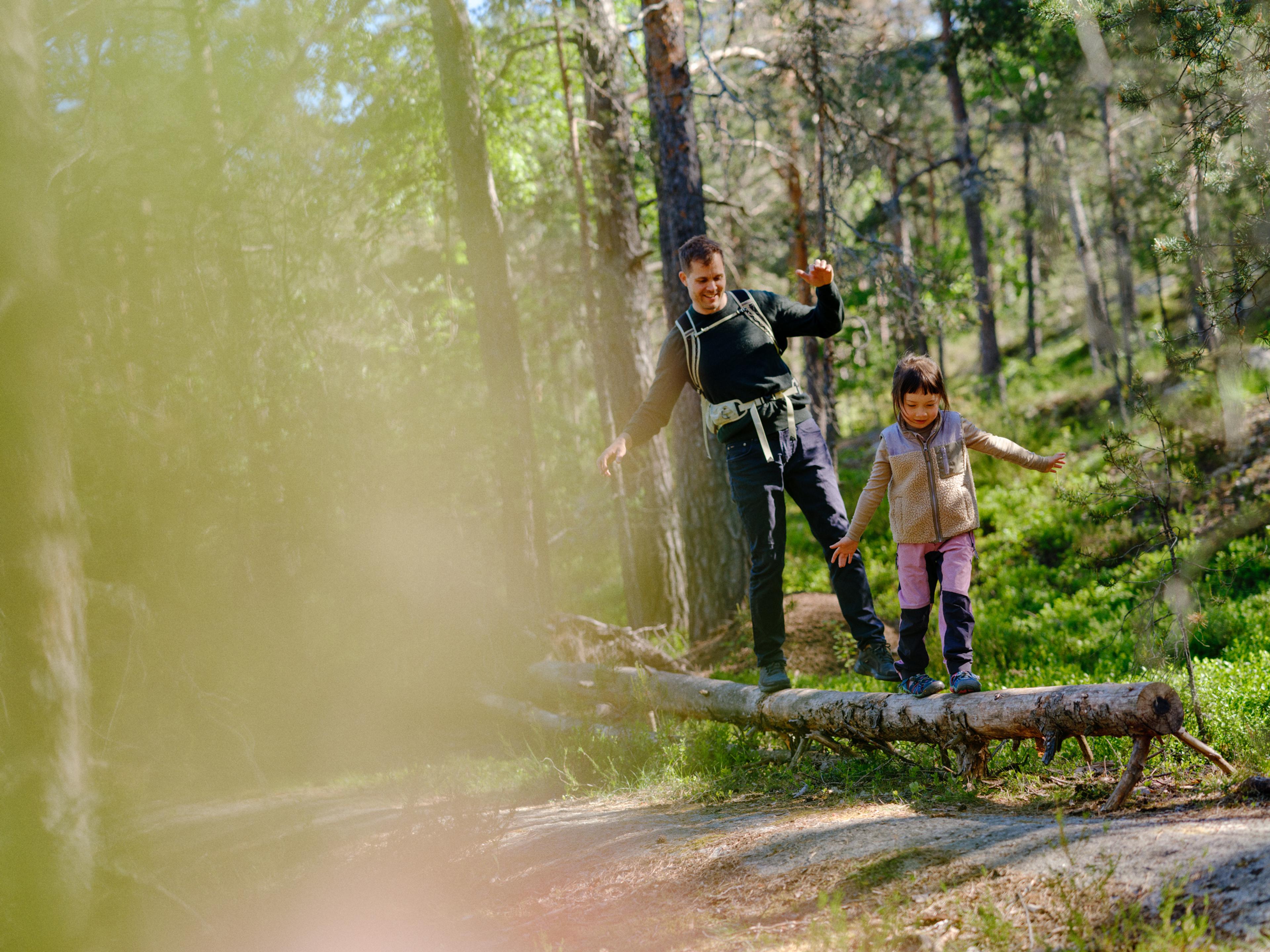 En voksen og et barn balanserer lekent på en liggende trestamme i en solfylt skog med grønn vegetasjon rundt.