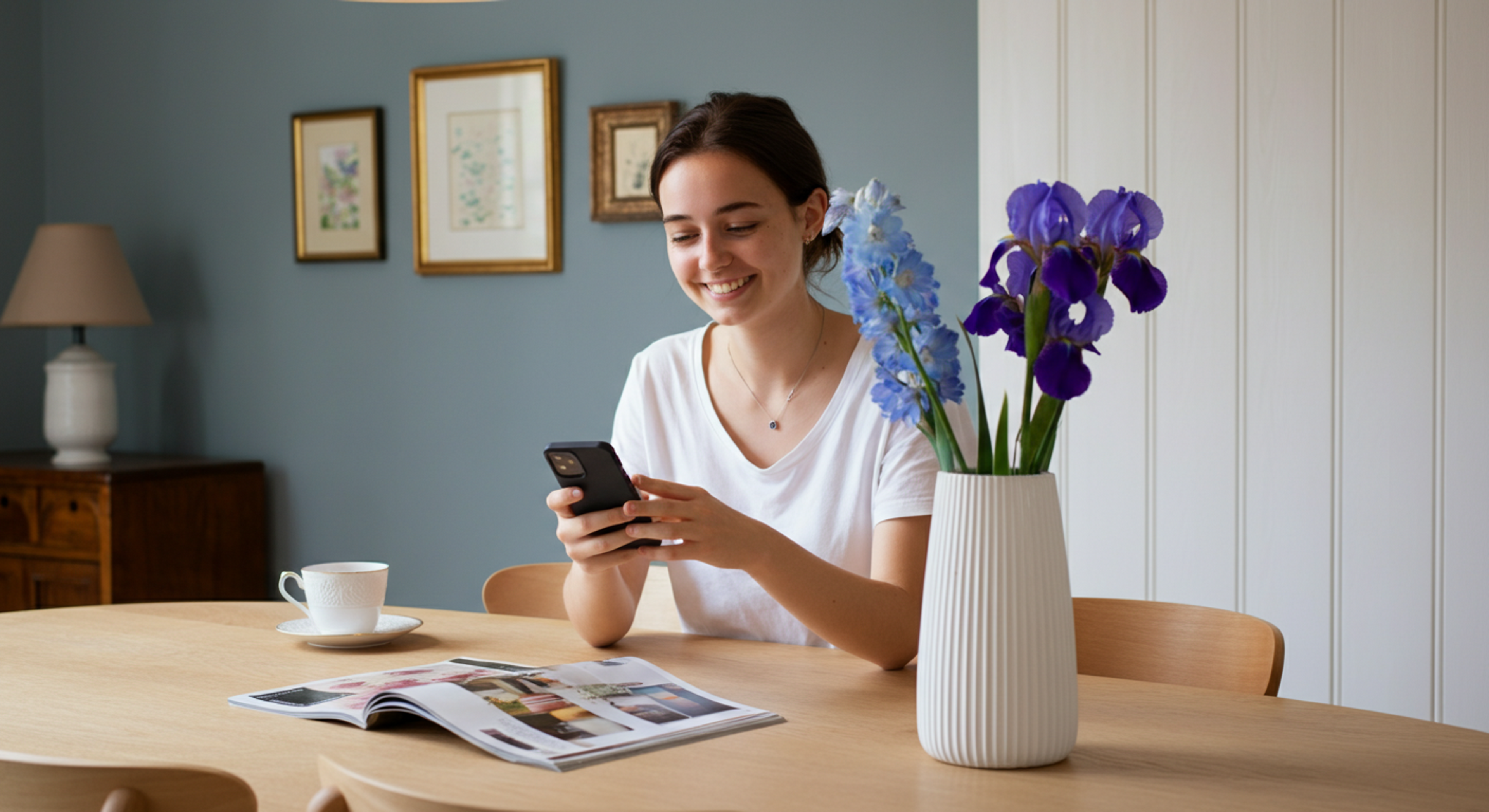 En smilende kvinne sitter ved et spisebord og ser på mobiltelefonen sin. På bordet står en kopp, et åpent magasin og en vase med blå og lilla blomster.