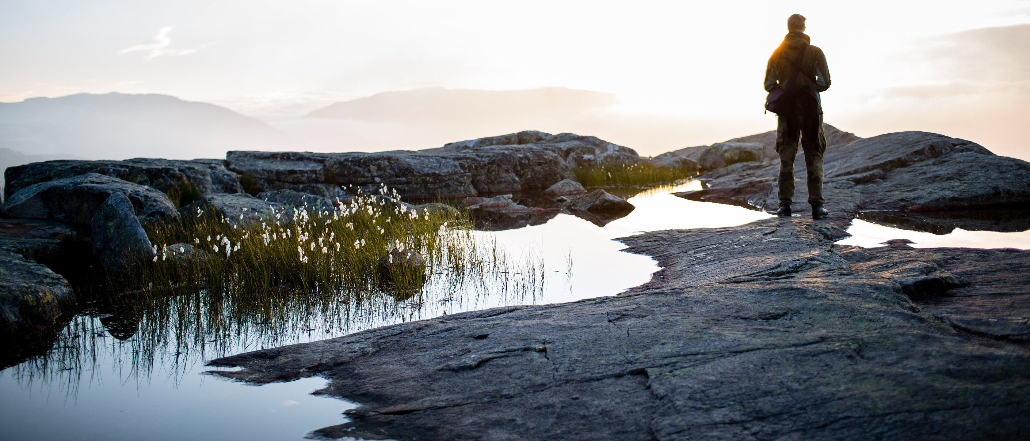 En person med ryggsekk står på et steinete fjellplatå med små vannspeil og myrull, vendt mot sollyset og fjerne fjell.