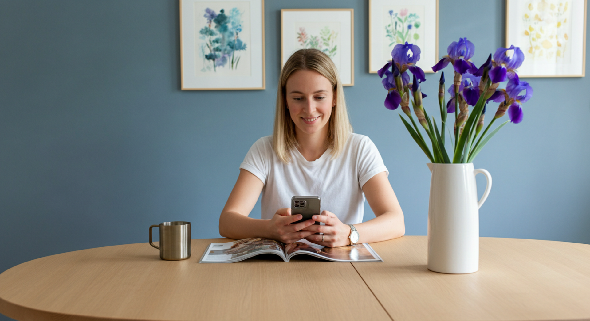 En smilende kvinne sitter ved et bord og ser på mobilen over et åpent magasin. På bordet står et metallkrus og en hvit kanne med lilla iriser.