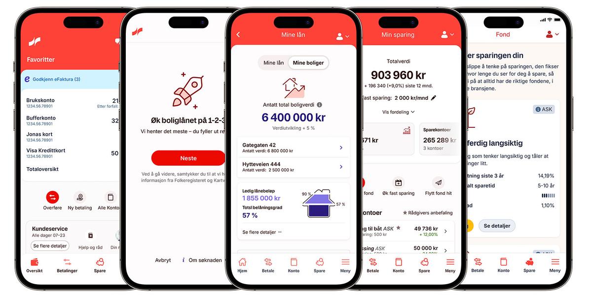 Skjermbilder av husverdi, sparing, oversikt fra Sparebanken Norge mobilbank