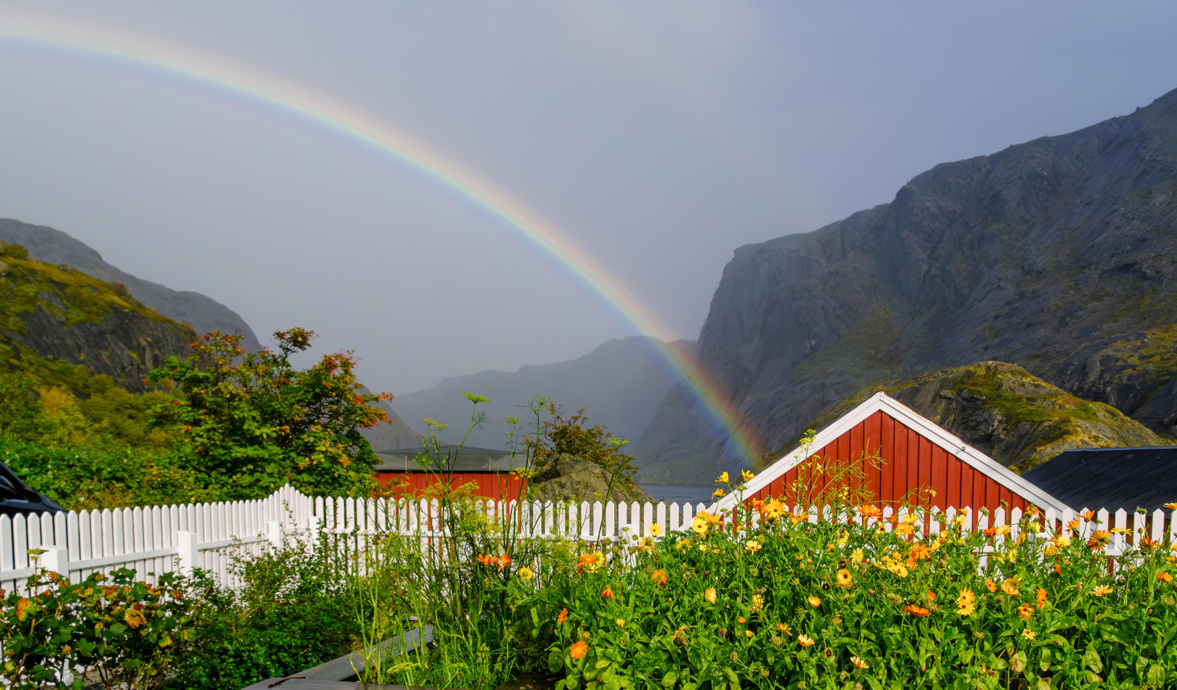 En regnbue strekker seg over bratte, tåkelagte fjell bak en frodig blomsterhage med hvitt stakittgjerde og røde trehus.