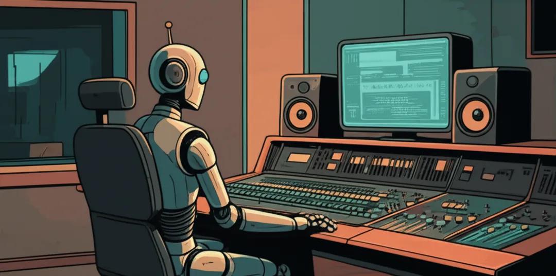 smiling ai agent in front of a home recording studio