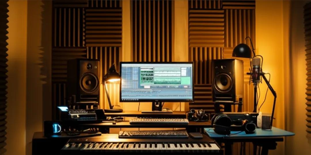 Professional home studio setup for freelance music production with computer, monitors, and equipment