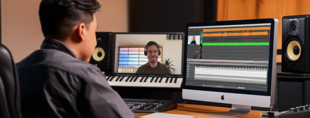 Music producer conducting client consultation via video call from home studio