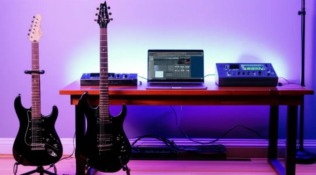 Home music studio setup with electric guitar and audio interface