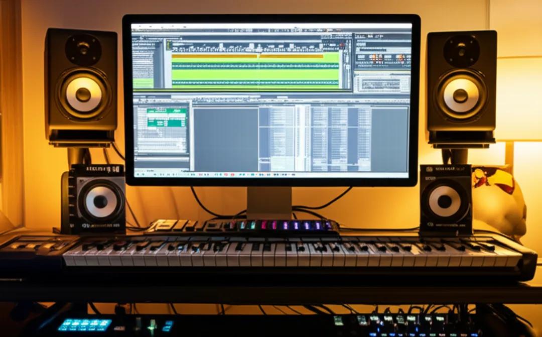 Home music studio setup with DAW software on screen and studio monitors