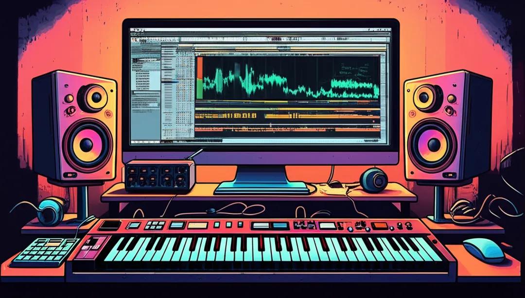 Home music studio setup with DAW software on screen and studio monitors