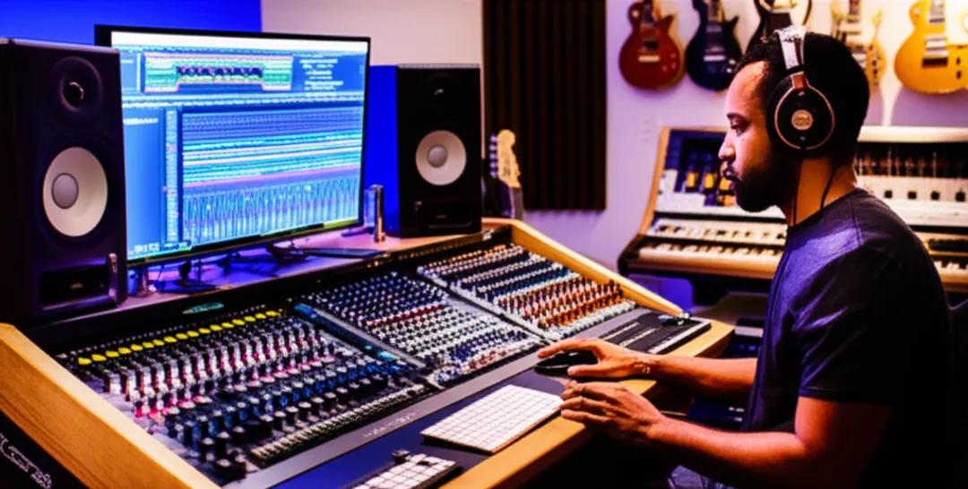 Freelance music producer working at digital audio workstation in home studio