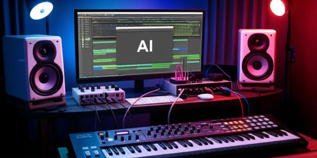 Home studio displaying AI music production software interface